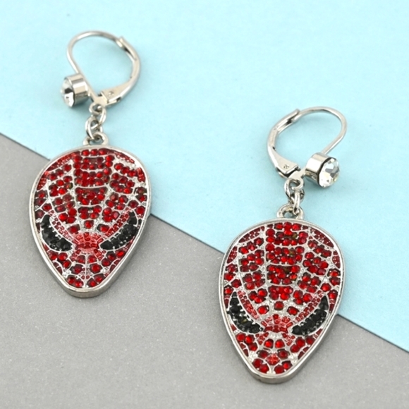 Marvel Spider Man Earrings. Red ruby rhinestones pave, silvertone. Lever back. - Picture 2 of 6
